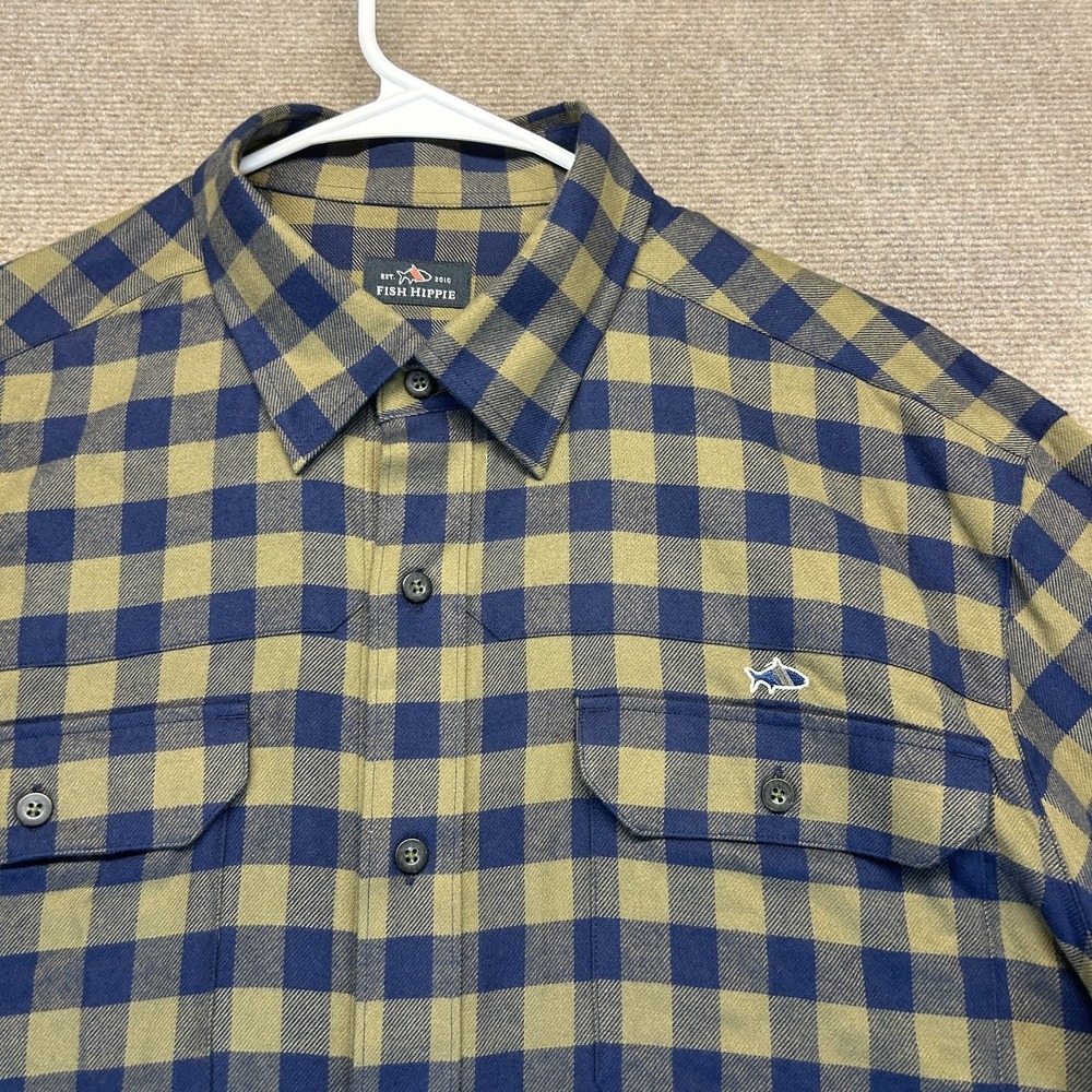 Fish Hippie Flannel Shirt Men's Large Long Sleeve Button Down Olive Navy Plaid
